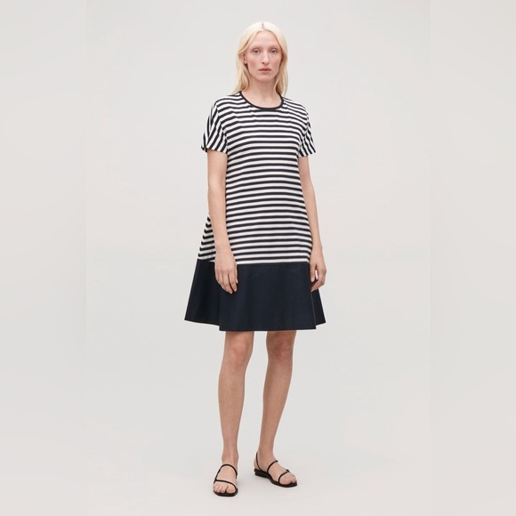 COS NAVY BLUE & WHITE STRIPE JERSEY ROUND NECK RELAXED FIT A-LINE DRESS SIZE XS - Picture 6 of 6
